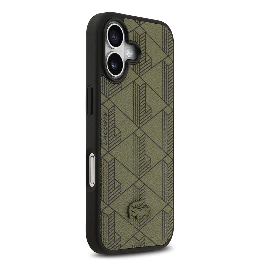 Apple iPhone 17 Kılıf Lacoste Orjinal Lisanslı M-safe Şarj Özellikli PU Deri Tasarımlı Kartlıklı Karışık Monogram Desenli Kapak Yeşil