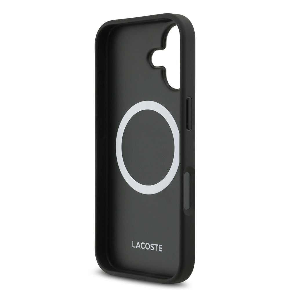 Apple iPhone 17 Kılıf Lacoste Orjinal Lisanslı M-safe Şarj Özellikli PU Pike Desenli Metal Logolu Kartlıklı Kapak Lacivert