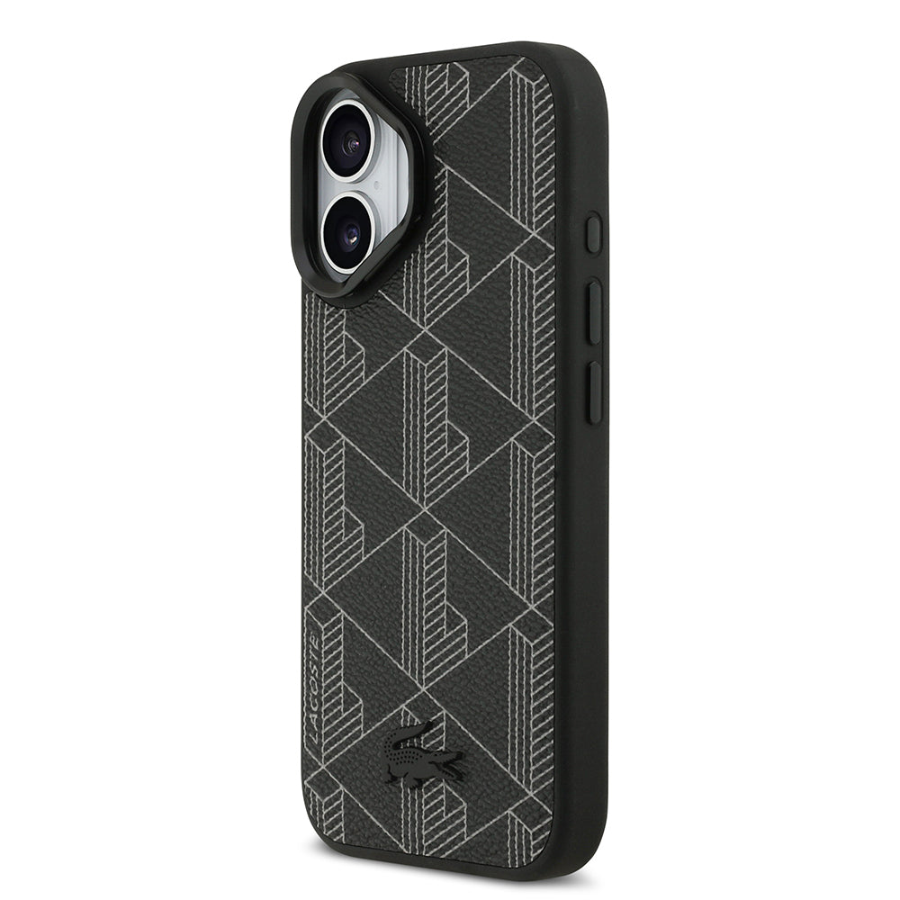 Apple iPhone 17 Kılıf Lacoste Orjinal Lisanslı M-safe Şarj Özellikli Standlı PU Deri Karışık Monogram Desenli Kapak Siyah