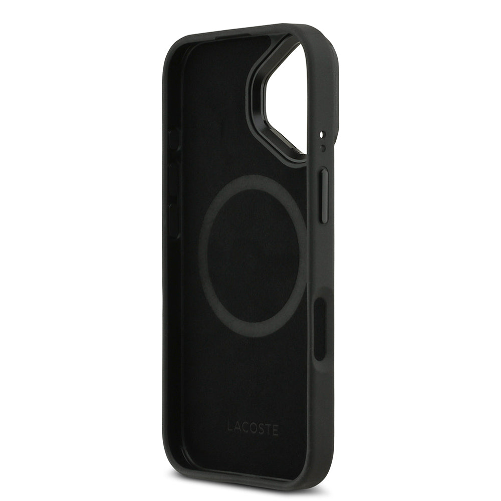 Apple iPhone 17 Kılıf Lacoste Orjinal Lisanslı M-safe Şarj Özellikli Standlı PU Deri Karışık Monogram Desenli Kapak Siyah