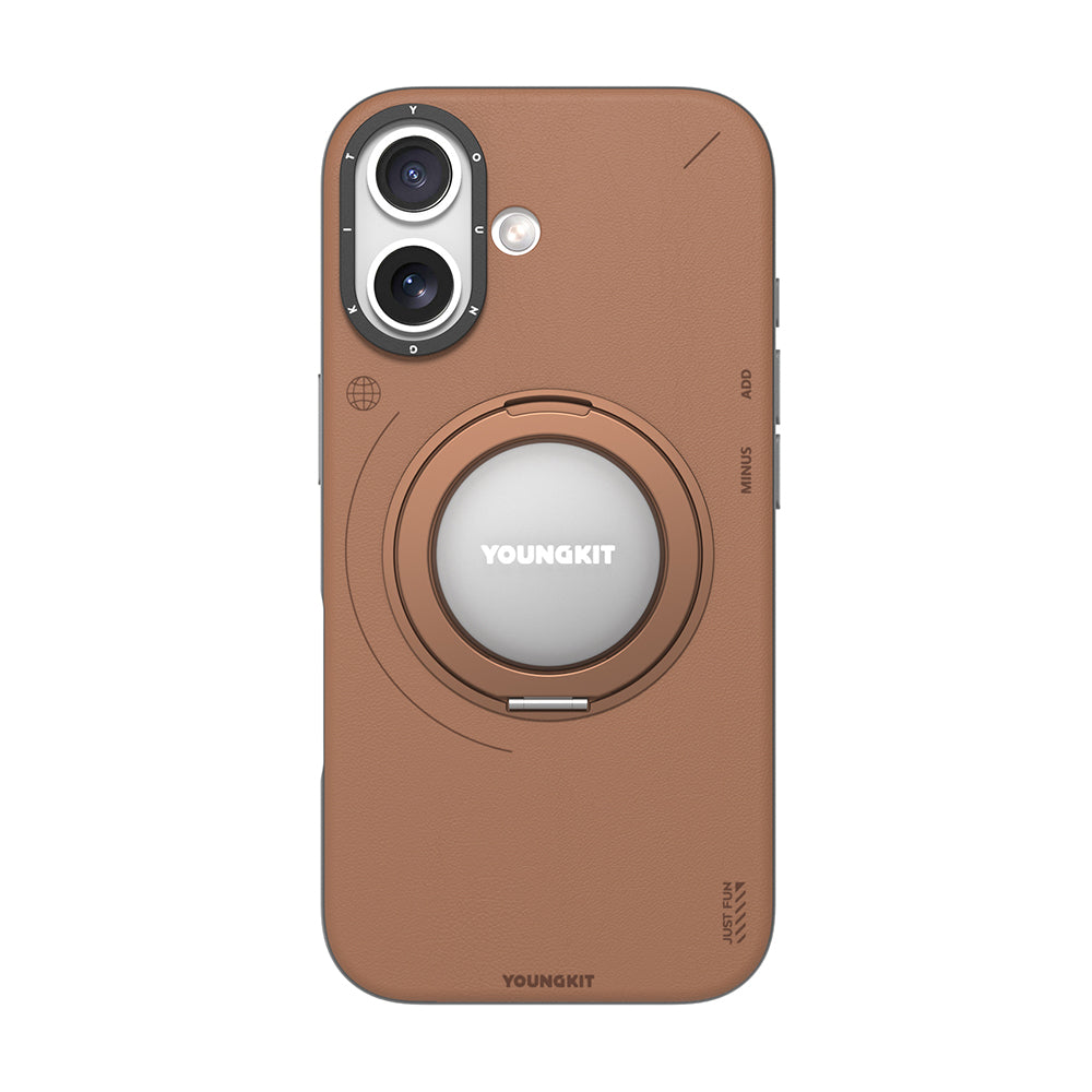 Apple iPhone 17 Kılıf M-safe Şarj Özellikli 360 Derece Standlı Basit Mat Deri Desenli Youngkit Tech Leather Serisi Kapak Kahverengi