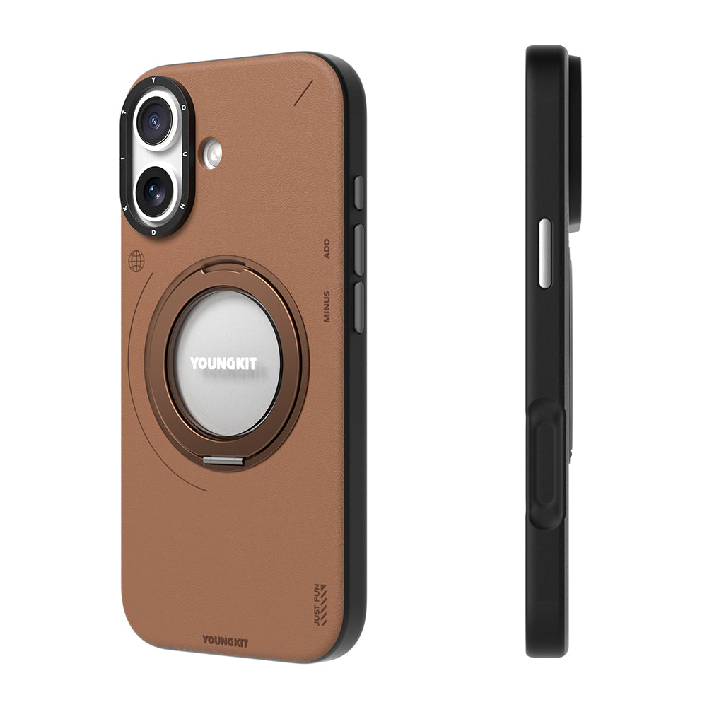 Apple iPhone 17 Kılıf M-safe Şarj Özellikli 360 Derece Standlı Basit Mat Deri Desenli Youngkit Tech Leather Serisi Kapak Kahverengi