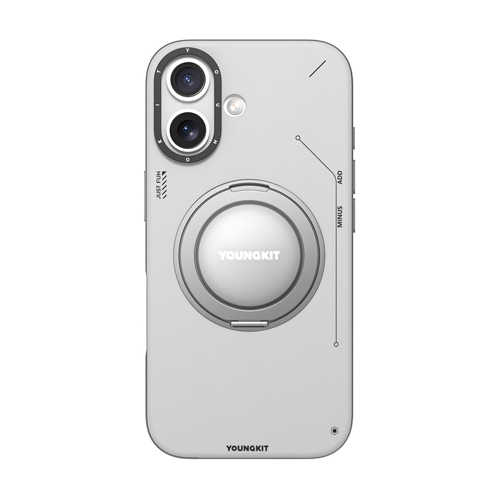 Apple iPhone 17 Kılıf M-safe Şarj Özellikli 360 Derece Standlı Basit Mat Deri Desenli Youngkit Tech Leather Serisi Kapak Gri