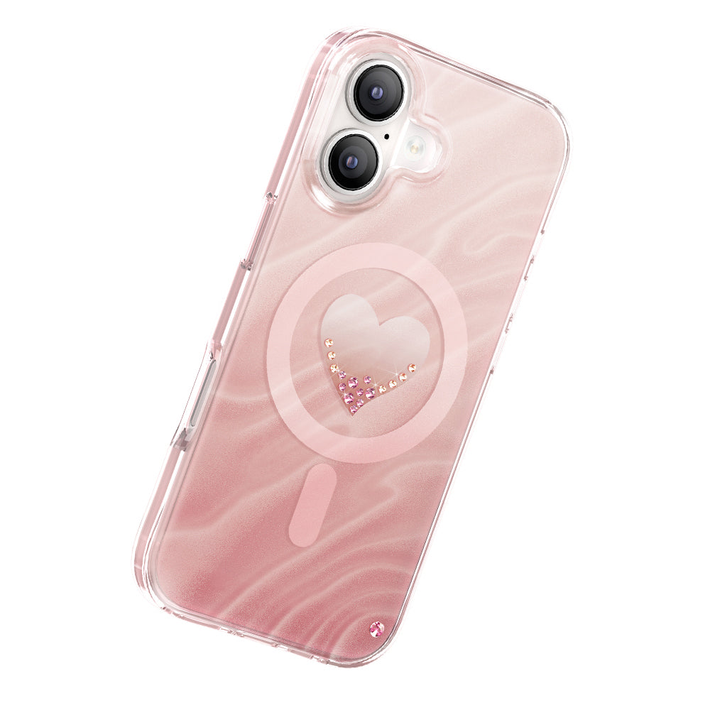 Apple iPhone 17 Kılıf M-Safe Şarj Özellikli Orjinal Swarovski Taşlı Zore Paris Rovix Sert PC Kapak Pembe