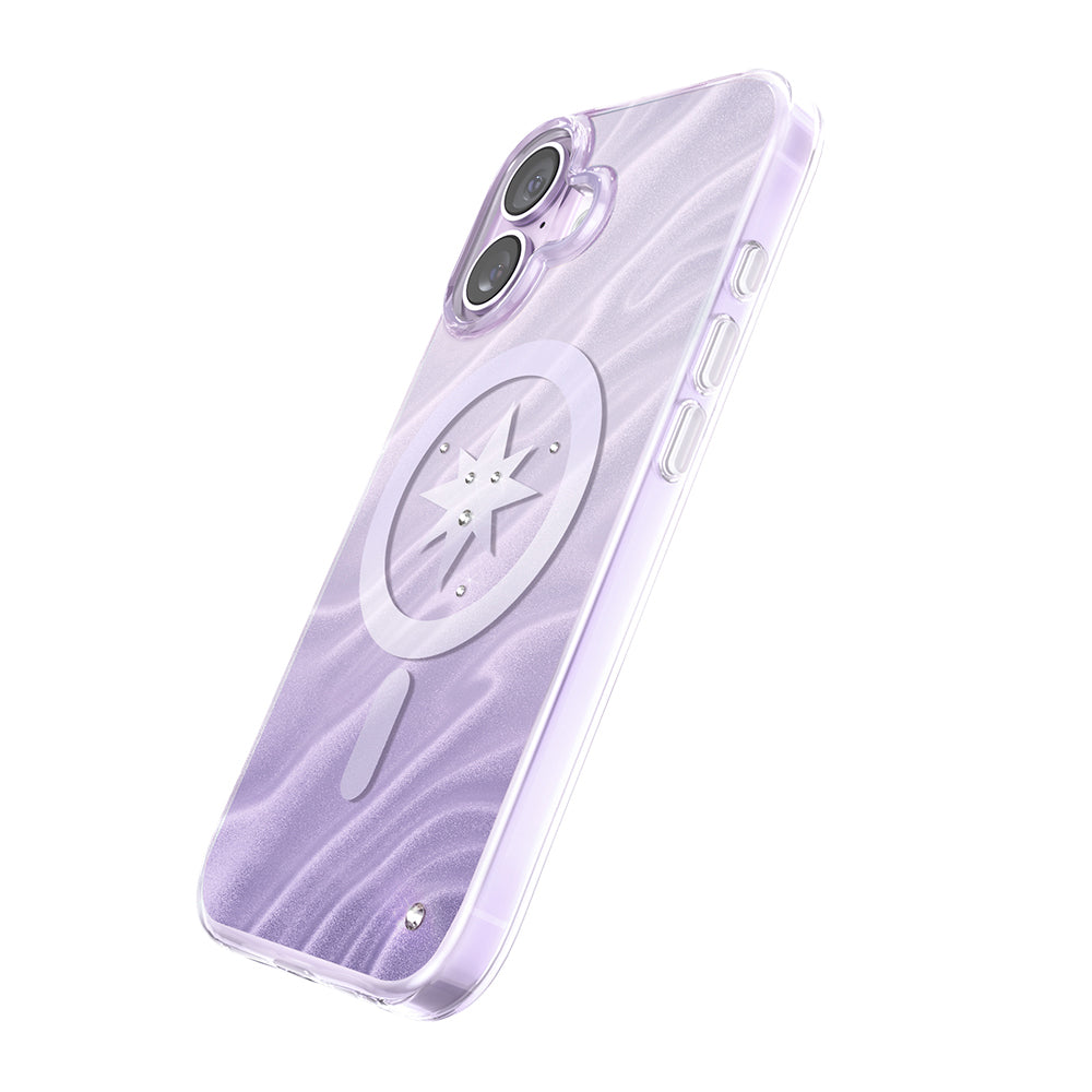 Apple iPhone 17 Kılıf M-Safe Şarj Özellikli Orjinal Swarovski Taşlı Zore Paris Rovix Sert PC Kapak Açık Mor