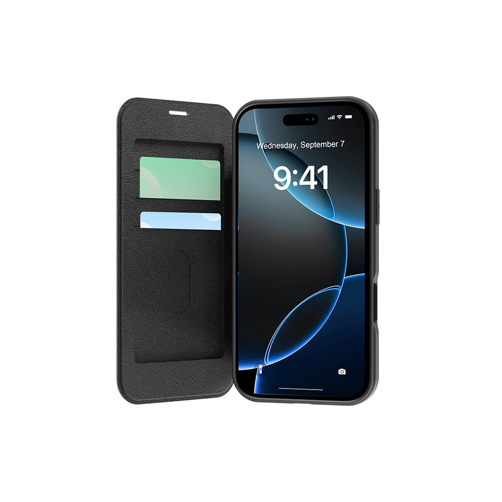 Apple iPhone 17 Kılıf M-Safe Şarj Özellikli Raptic Air Folio Şeffaf Kartlıklı Kapaklı Kılıf Siyah