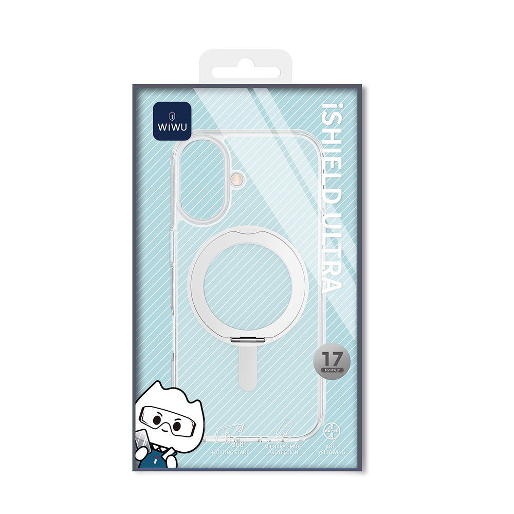 Apple iPhone 17 Kılıf M-safe Şarj Özellikli Wiwu MCC-201 iShield Ultra Serisi Standlı Crystal Sert PC Kapak Şeffaf