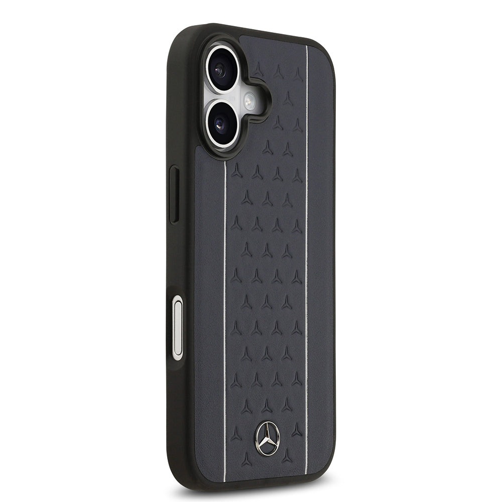 Apple iPhone 17 Kılıf Mercedes Benz Orjinal Lisanslı M-safe Şarj Özellikli Şeritli Yıldız Desenli Metal Logolu Deri Kapak Lacivert