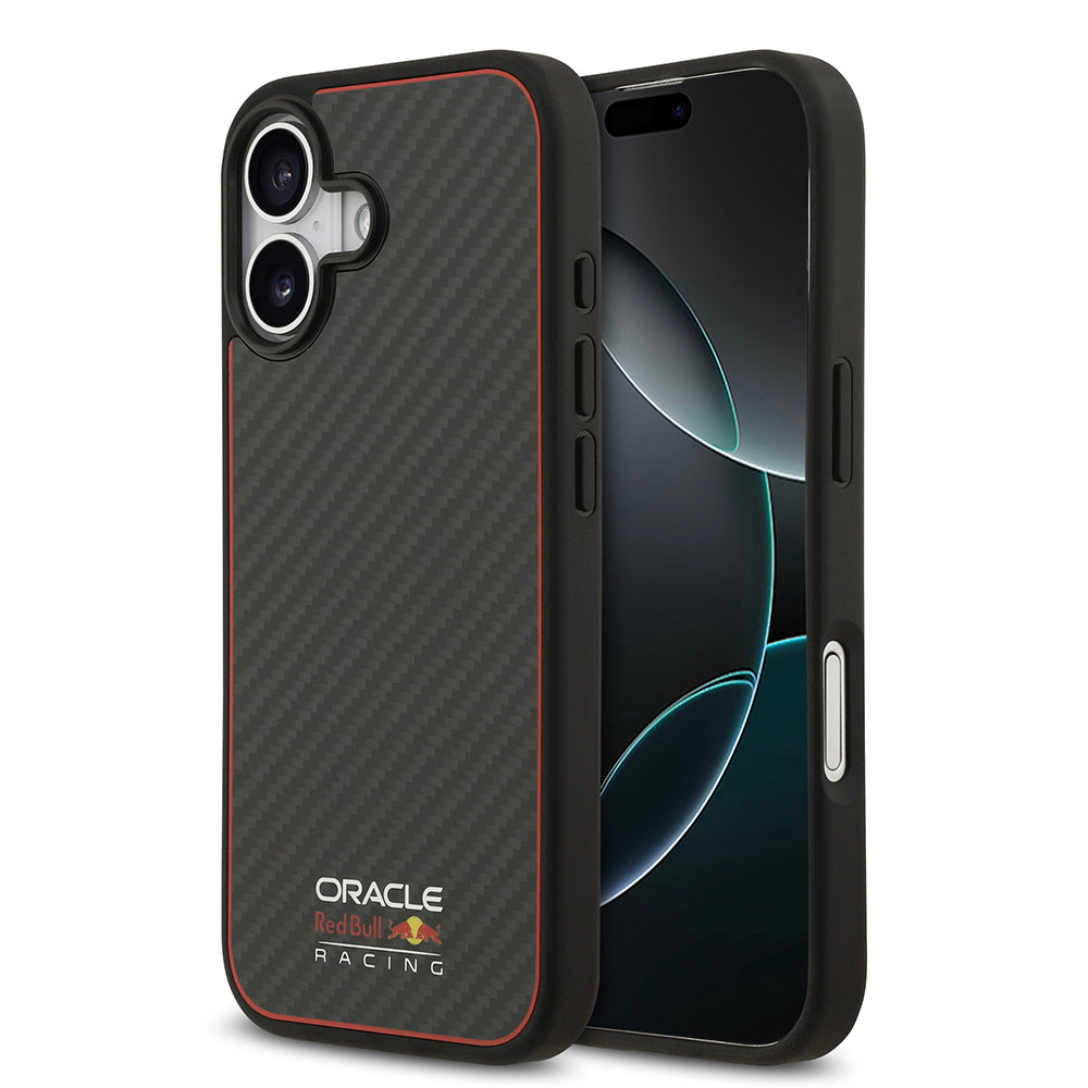 Apple iPhone 17 Kılıf Redbull Orjinal Lisanslı M-safe Şarj Özellikli Karbon Fiber Parlayan Logolu Kevlar Kapak Siyah