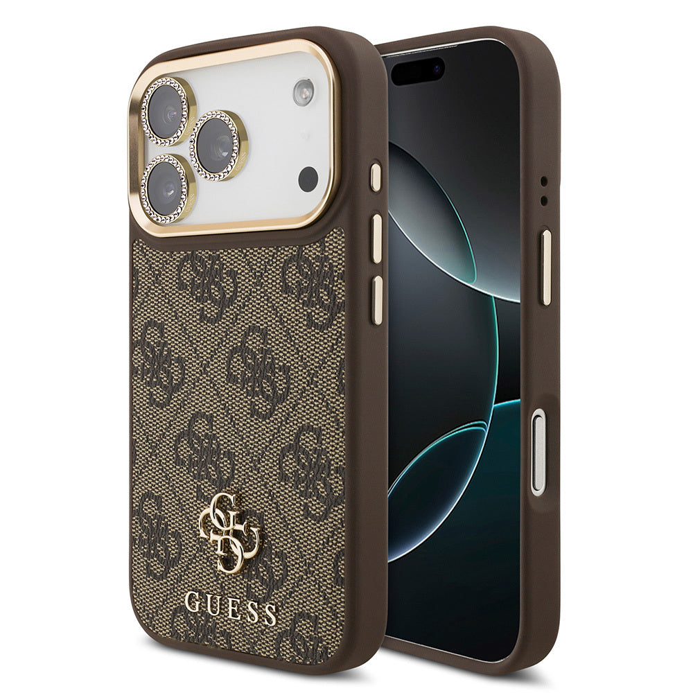 Apple iPhone 17 Pro Guess Orjinal Lisanslı 4G ve Yazı Logolu Kılıf + Ekran Koruyucu + Lens Koruyucu 3in1 Aksesuar Seti Kahverengi