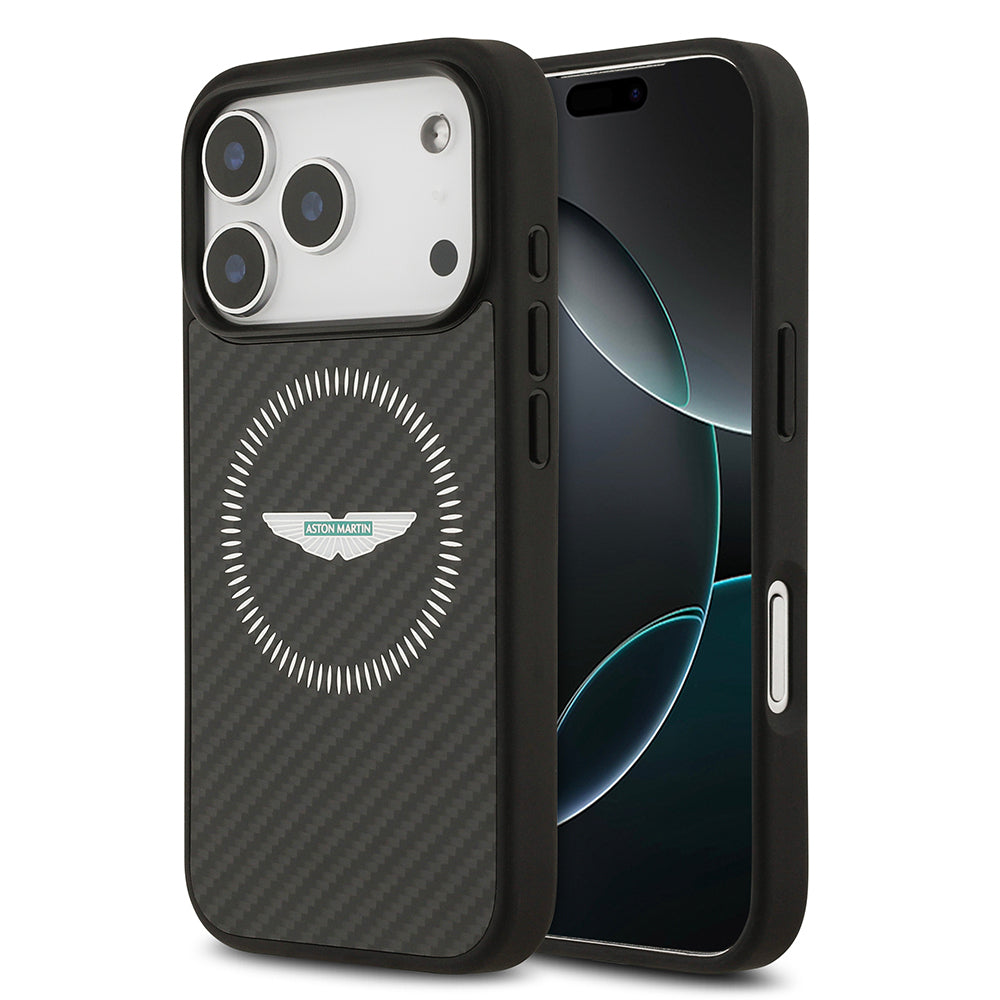 Apple iPhone 17 Pro Kılıf Aston Martin Orjinal Lisanslı M-safe Şarj Özellikli Karbon Fiber Kevlar Kapak Siyah