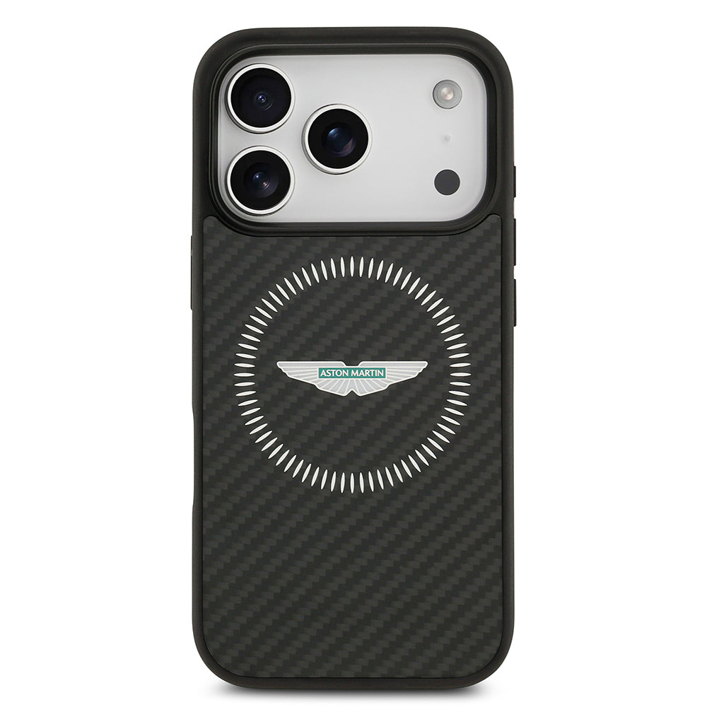 Apple iPhone 17 Pro Kılıf Aston Martin Orjinal Lisanslı M-safe Şarj Özellikli Karbon Fiber Kevlar Kapak Siyah