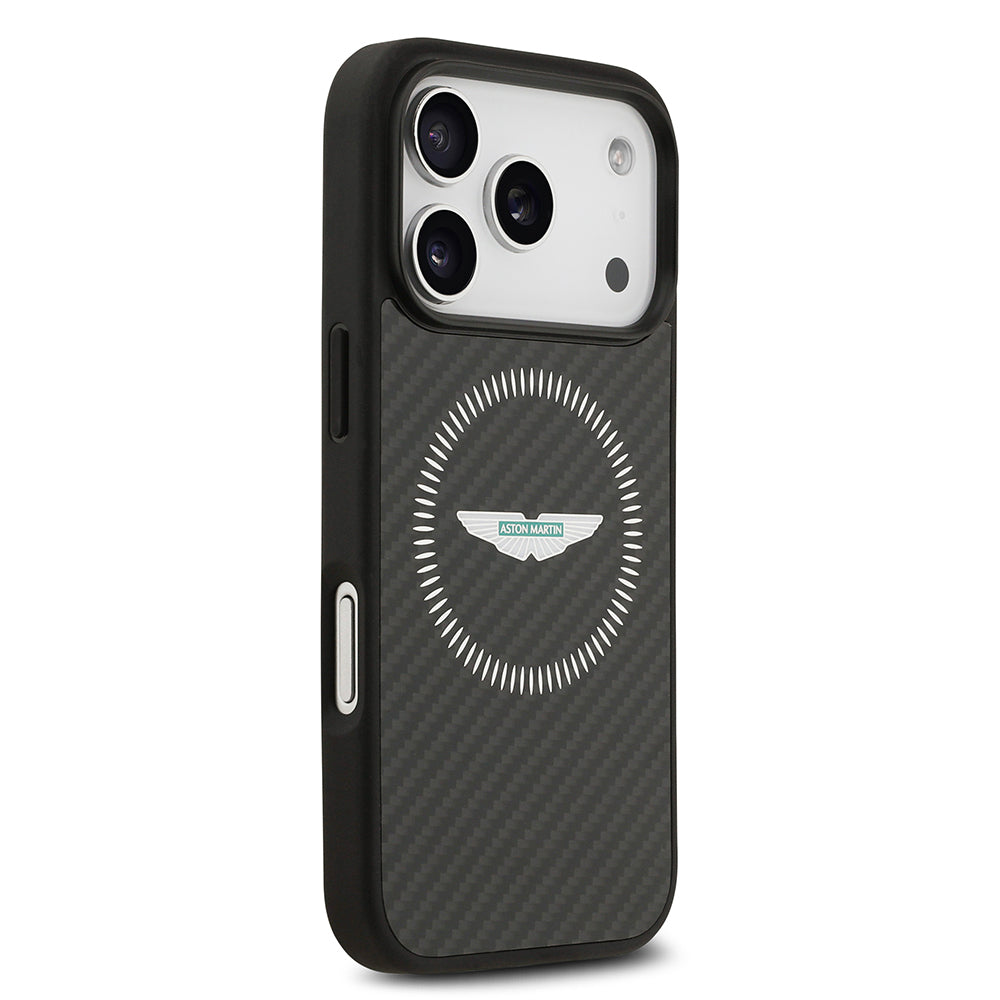 Apple iPhone 17 Pro Kılıf Aston Martin Orjinal Lisanslı M-safe Şarj Özellikli Karbon Fiber Kevlar Kapak Siyah
