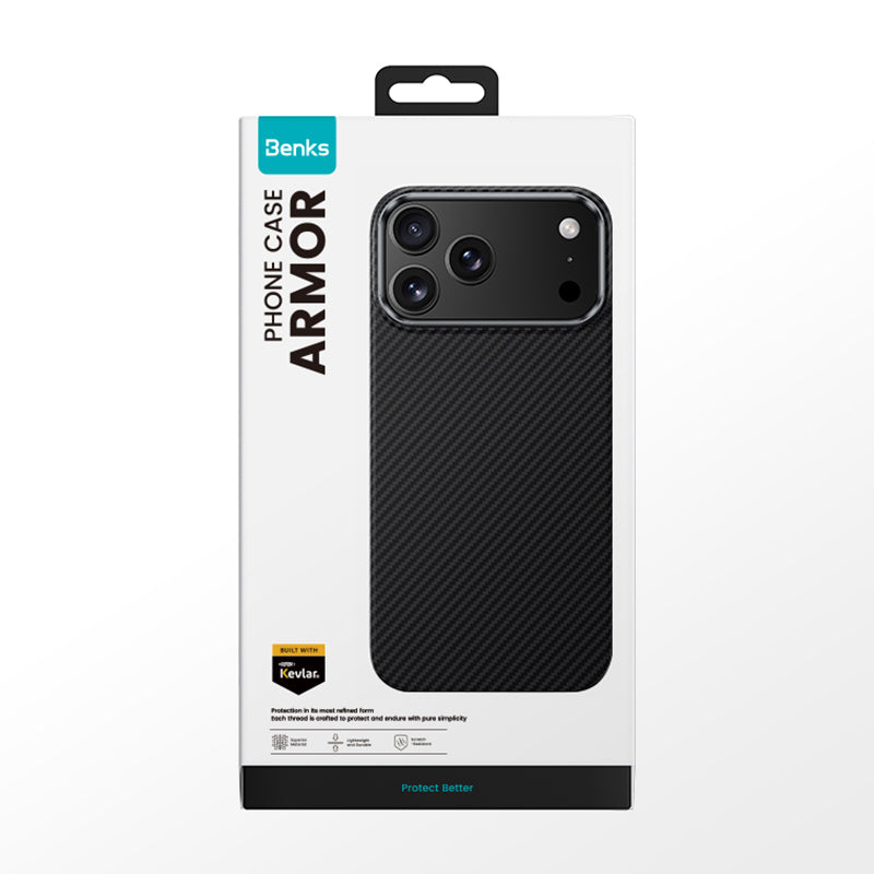 Apple iPhone 17 Pro Kılıf Benks M-safe Şarj Özellikli Metal Kamera Çerçeveli Magnetik ArmorAir 600D Kevlar Fiber Kapak Siyah