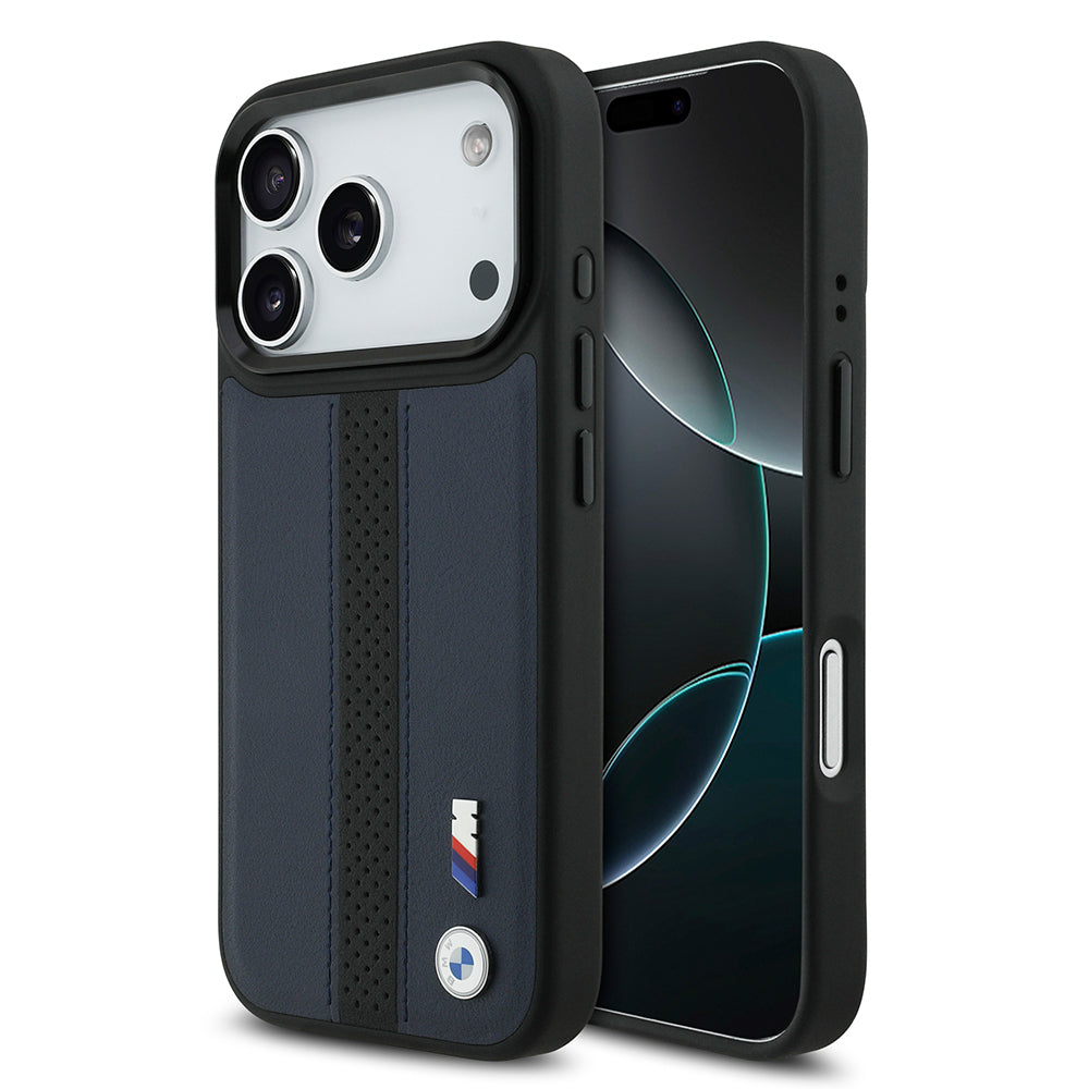 Apple iPhone 17 Pro Kılıf BMW Orjinal Lisanslı M-safe Şarj Özellikli Deri Arka Yüzey Metal Logolu Delikli Şerit Tasarımlı Kapak Lacivert