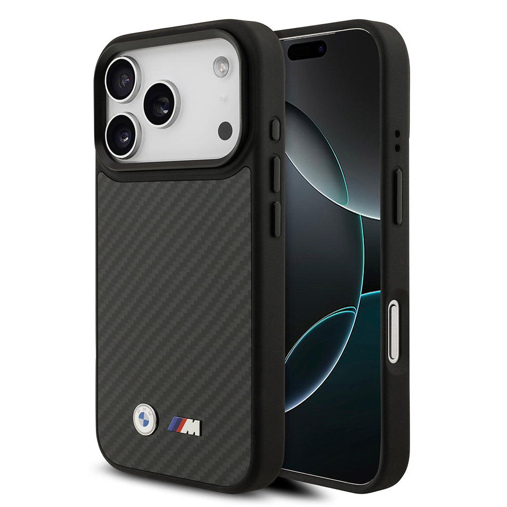 Apple iPhone 17 Pro Kılıf BMW Orjinal Lisanslı M-safe Şarj Özellikli Karbon Fiber Metal Logolu Kevlar Kapak Siyah