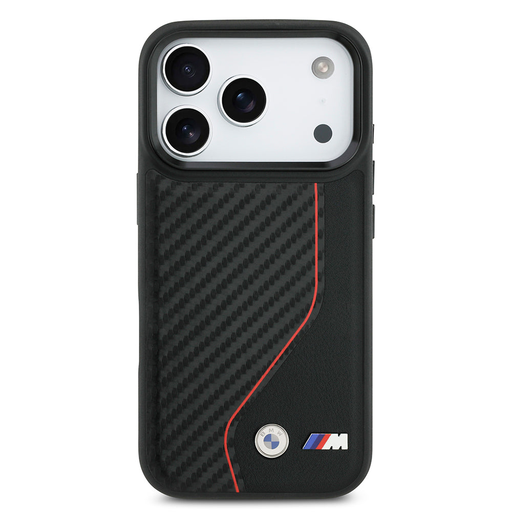 Apple iPhone 17 Pro Kılıf BMW Orjinal Lisanslı M-safe Şarj Özellikli Metal BMW ve M Logolu PU Karbon Tasarımlı Kapak Kırmızı