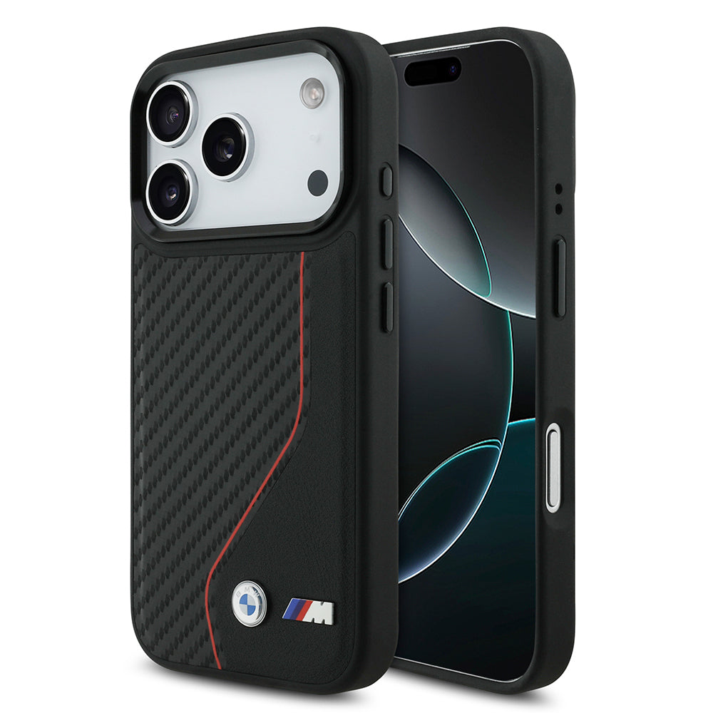 Apple iPhone 17 Pro Kılıf BMW Orjinal Lisanslı M-safe Şarj Özellikli Metal BMW ve M Logolu PU Karbon Tasarımlı Kapak Kırmızı