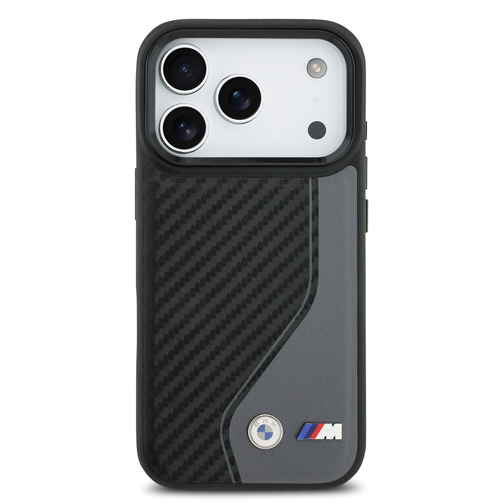 Apple iPhone 17 Pro Kılıf BMW Orjinal Lisanslı M-safe Şarj Özellikli Metal BMW ve M Logolu PU Karbon Tasarımlı Kapak Siyah