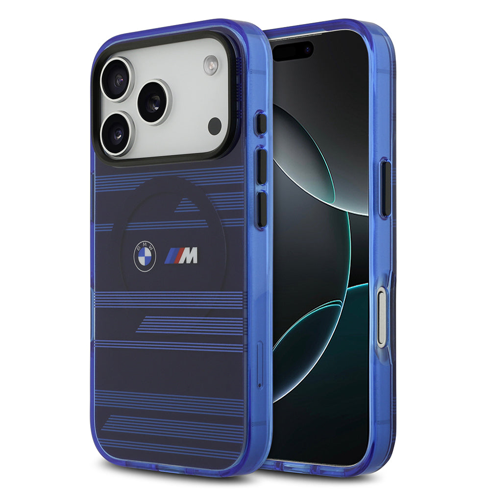 Apple iPhone 17 Pro Kılıf BMW Orjinal Lisanslı M-safe Şarj Özellikli Metal Kamera Butonlu Yatay Şeritli M Dizayn Kapak Mavi