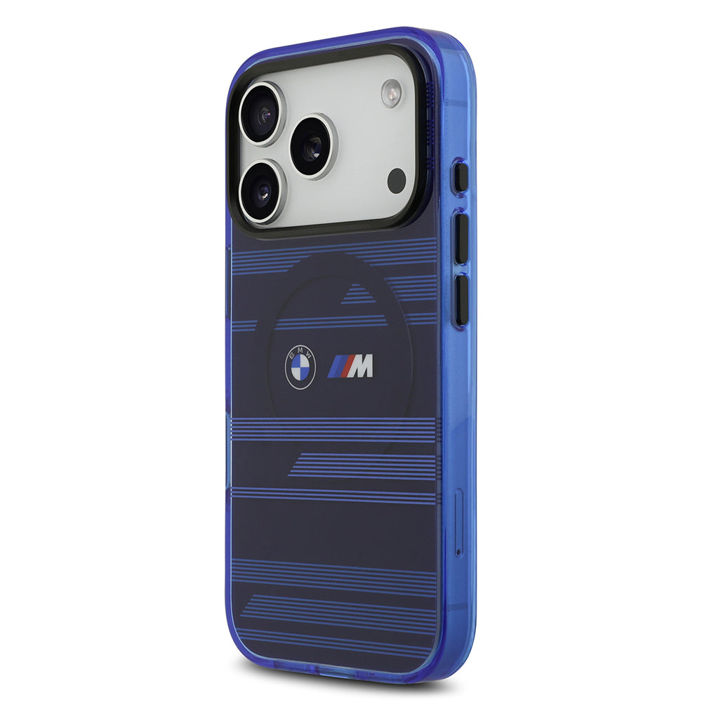 Apple iPhone 17 Pro Kılıf BMW Orjinal Lisanslı M-safe Şarj Özellikli Metal Kamera Butonlu Yatay Şeritli M Dizayn Kapak Mavi