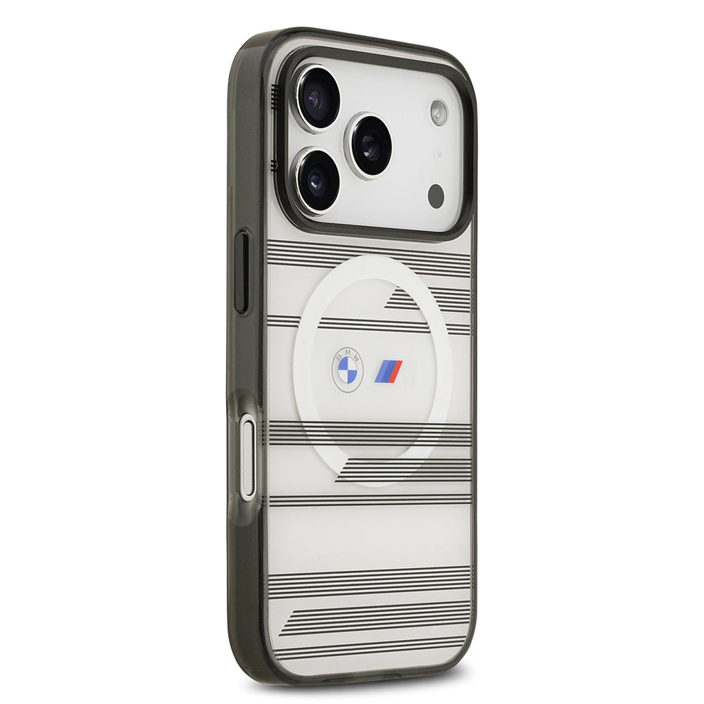 Apple iPhone 17 Pro Kılıf BMW Orjinal Lisanslı M-safe Şarj Özellikli Metal Kamera Butonlu Yatay Şeritli M Dizayn Kapak Gümüş