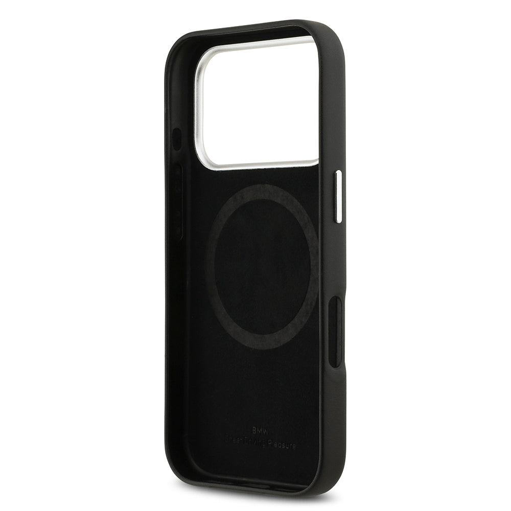 Apple iPhone 17 Pro Kılıf BMW Orjinal Lisanslı M-safe Şarj Özellikli Metal Logolu Tam Kaplama Deri Kapak Siyah