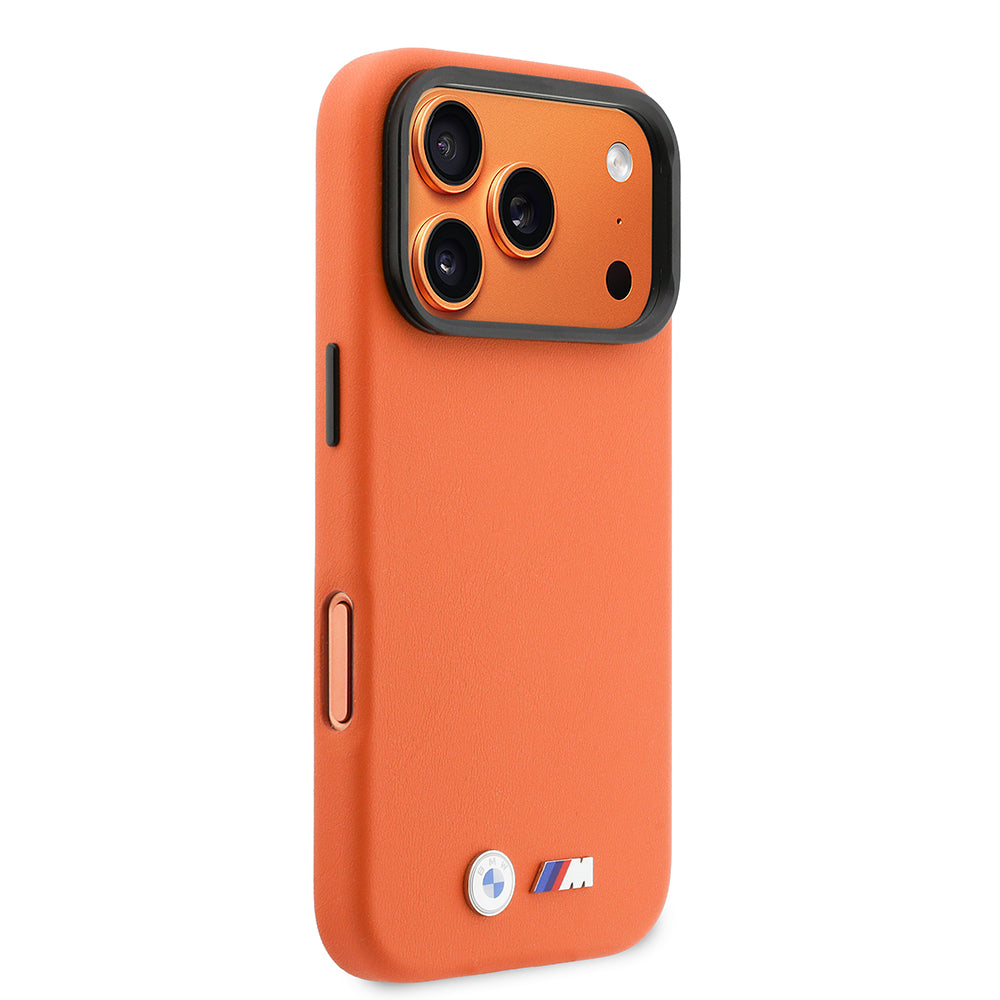 Apple iPhone 17 Pro Kılıf BMW Orjinal Lisanslı M-safe Şarj Özellikli Standlı Metal Kamera Çerçeveli M Logolu PU Deri Kapak Turuncu