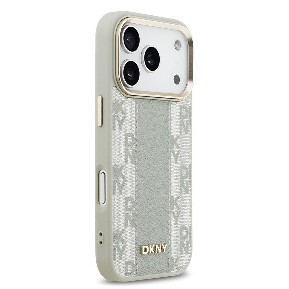 Apple iPhone 17 Pro Kılıf DKNY Orjinal Lisanslı M-safe Şarj Özellikli 3D Yazılı Checkered Pattern Kapak Bej
