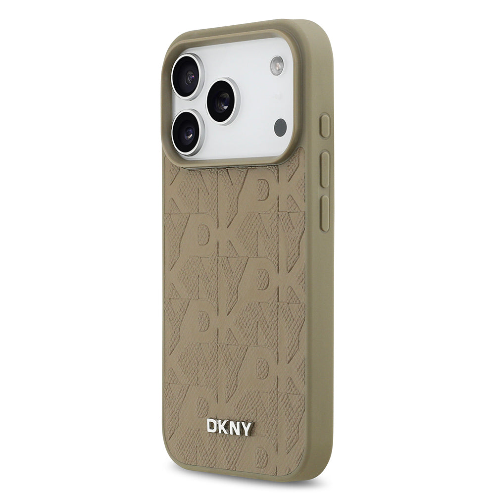 Apple iPhone 17 Pro Kılıf DKNY Orjinal Lisanslı M-safe Şarj Özellikli 3D Yazılı Grid Pattern Kapak Kahverengi