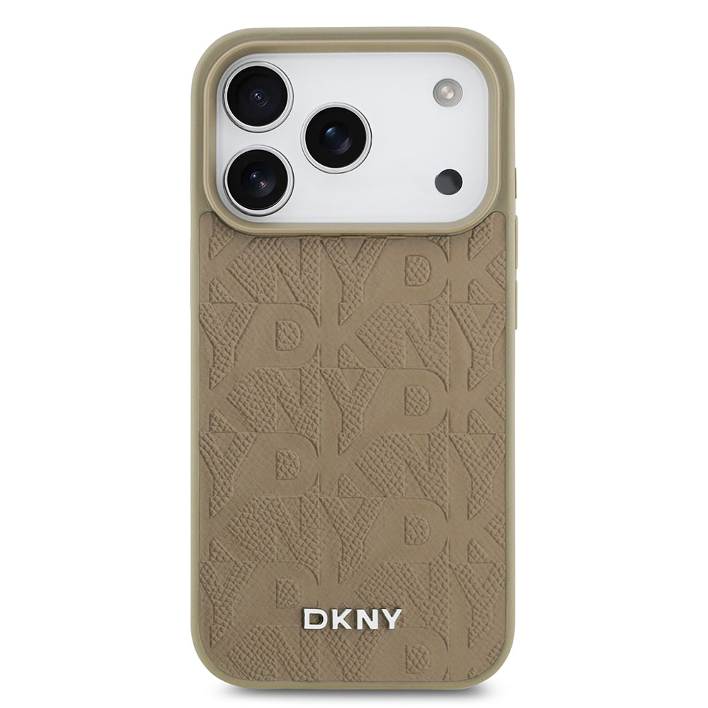Apple iPhone 17 Pro Kılıf DKNY Orjinal Lisanslı M-safe Şarj Özellikli 3D Yazılı Grid Pattern Kapak Kahverengi