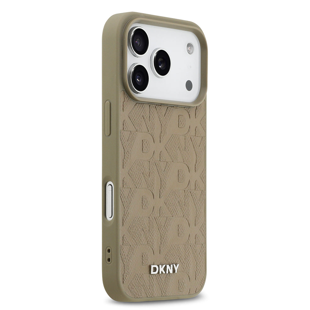 Apple iPhone 17 Pro Kılıf DKNY Orjinal Lisanslı M-safe Şarj Özellikli 3D Yazılı Grid Pattern Kapak Kahverengi