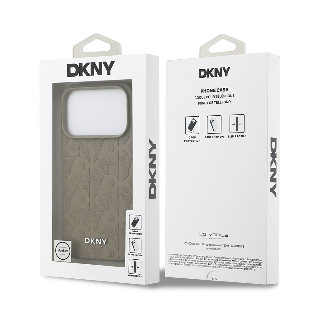 Apple iPhone 17 Pro Kılıf DKNY Orjinal Lisanslı M-safe Şarj Özellikli 3D Yazılı Grid Pattern Kapak Kahverengi