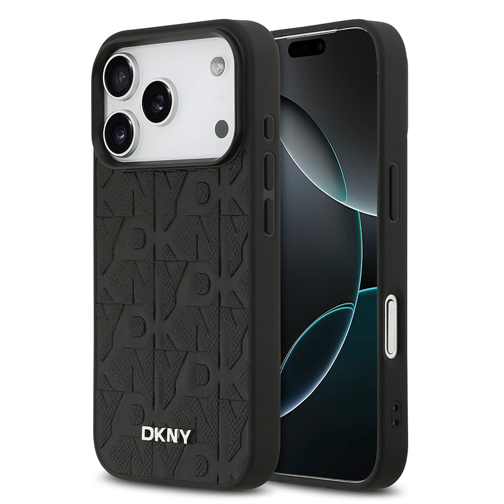 Apple iPhone 17 Pro Kılıf DKNY Orjinal Lisanslı M-safe Şarj Özellikli 3D Yazılı Grid Pattern Kapak Siyah