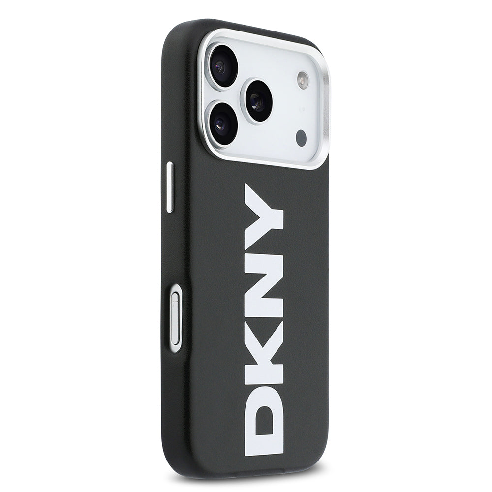 Apple iPhone 17 Pro Kılıf DKNY Orjinal Lisanslı M-safe Şarj Özellikli PU Büyük Dikey Logolu Kapak Siyah
