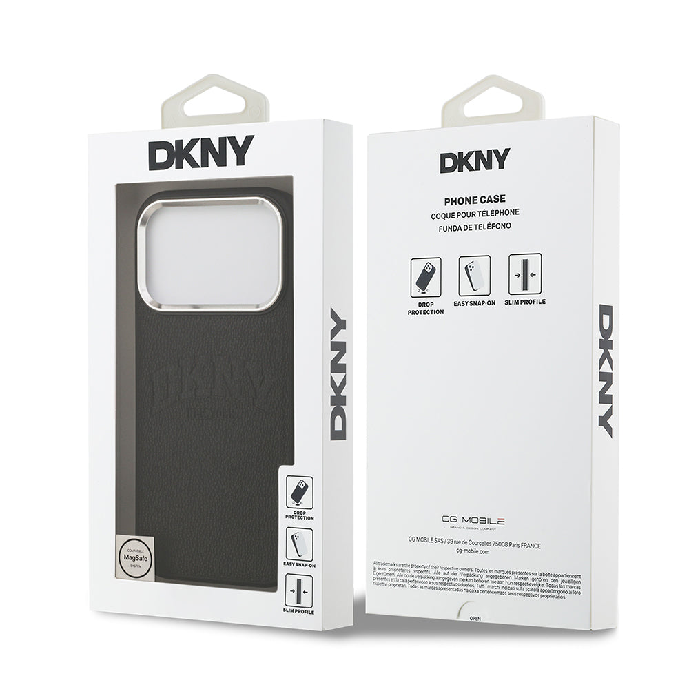 Apple iPhone 17 Pro Kılıf DKNY Orjinal Lisanslı M-safe Şarj Özellikli PU Deri Kabartmalı Kapak Siyah