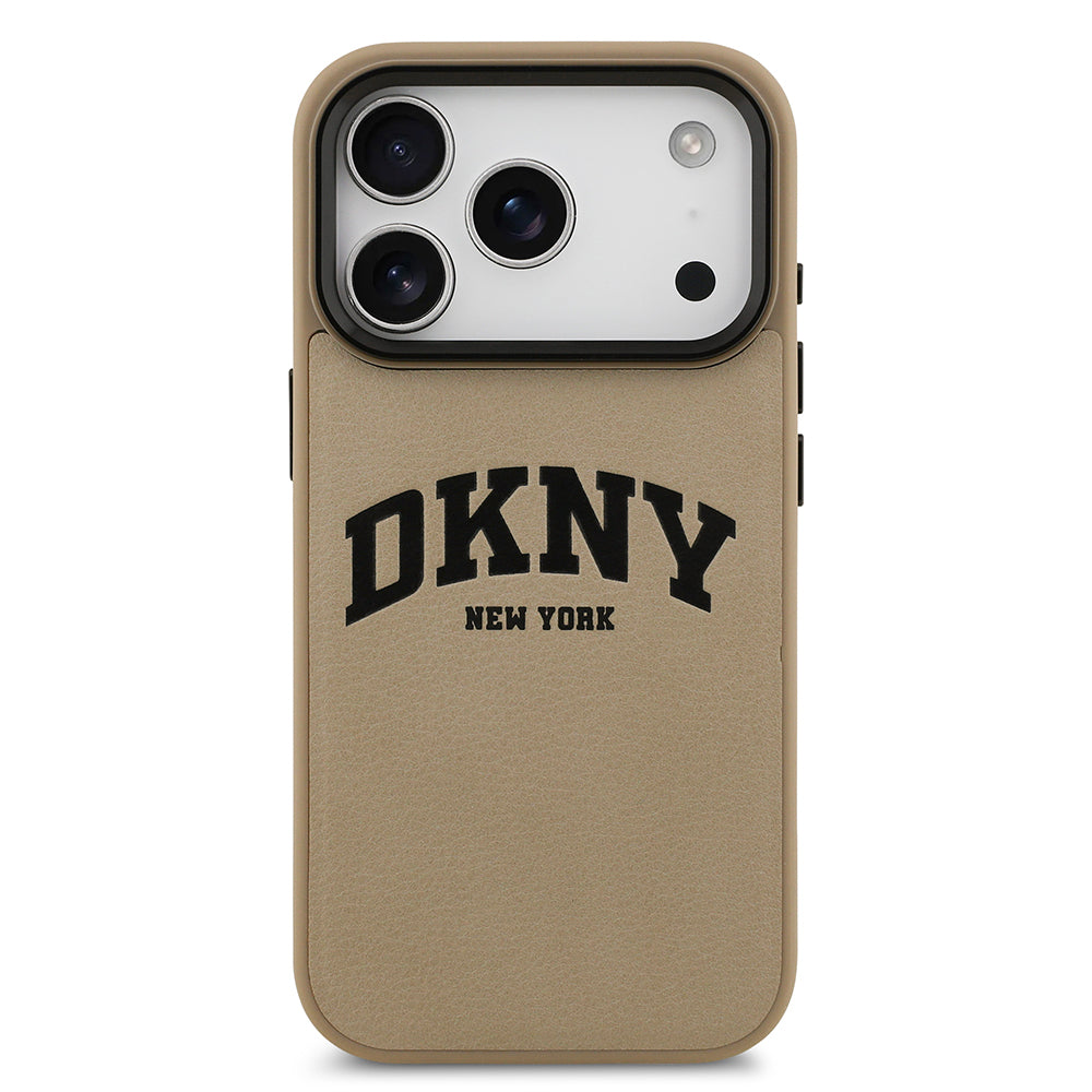 Apple iPhone 17 Pro Kılıf DKNY Orjinal Lisanslı M-safe Şarj Özellikli PU Deri Kabartmalı Kapak Bej