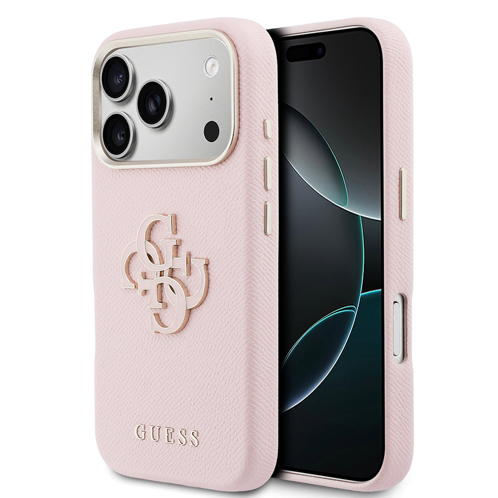 Apple iPhone 17 Pro Kılıf Guess Orjinal Lisanslı 4G Büyük Metal Kamera Çerçeveli PU Deri Resin Kapak Pembe