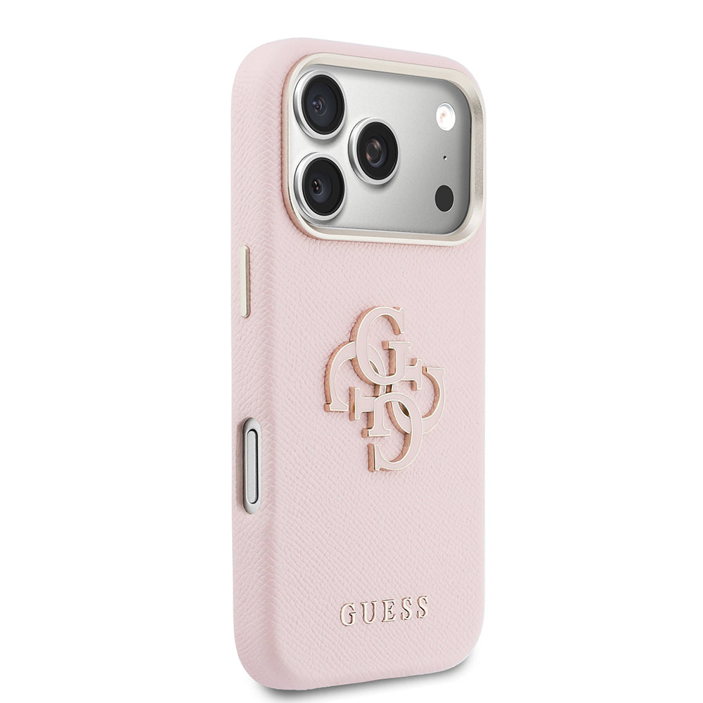 Apple iPhone 17 Pro Kılıf Guess Orjinal Lisanslı 4G Büyük Metal Kamera Çerçeveli PU Deri Resin Kapak Pembe