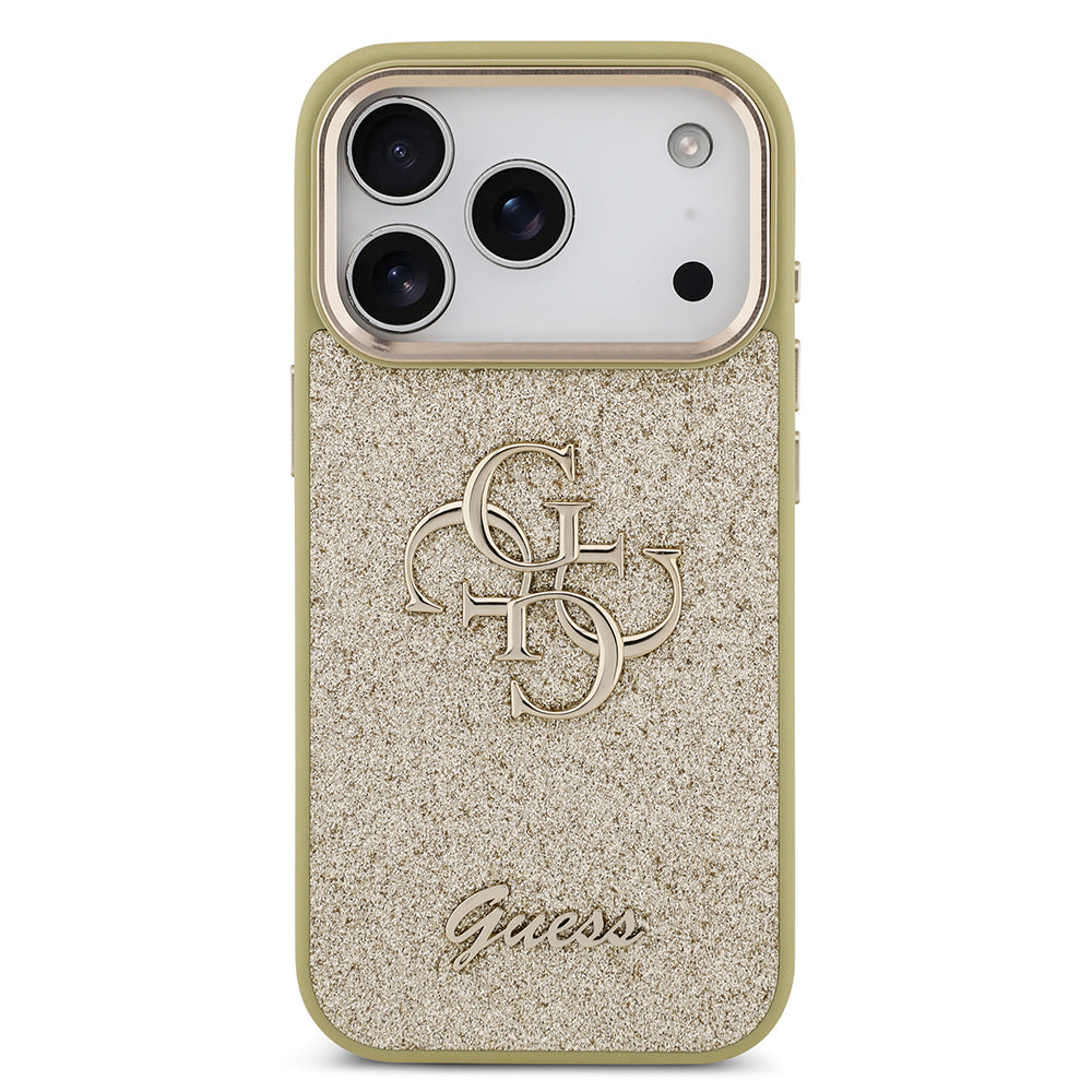 Apple iPhone 17 Pro Kılıf Guess Orjinal Lisanslı 4G Büyük Metal Kamera Çerçeveli ve Logolu Glitter Kapak Gold