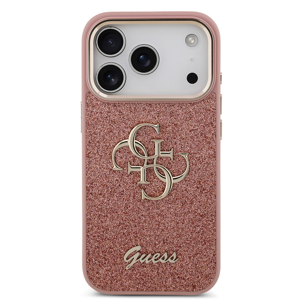 Apple iPhone 17 Pro Kılıf Guess Orjinal Lisanslı 4G Büyük Metal Kamera Çerçeveli ve Logolu Glitter Kapak Pembe