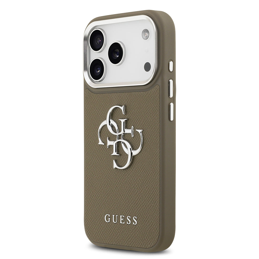 Apple iPhone 17 Pro Kılıf Guess Orjinal Lisanslı Grained 4G Metal Büyük Logolu Kapak Kahverengi