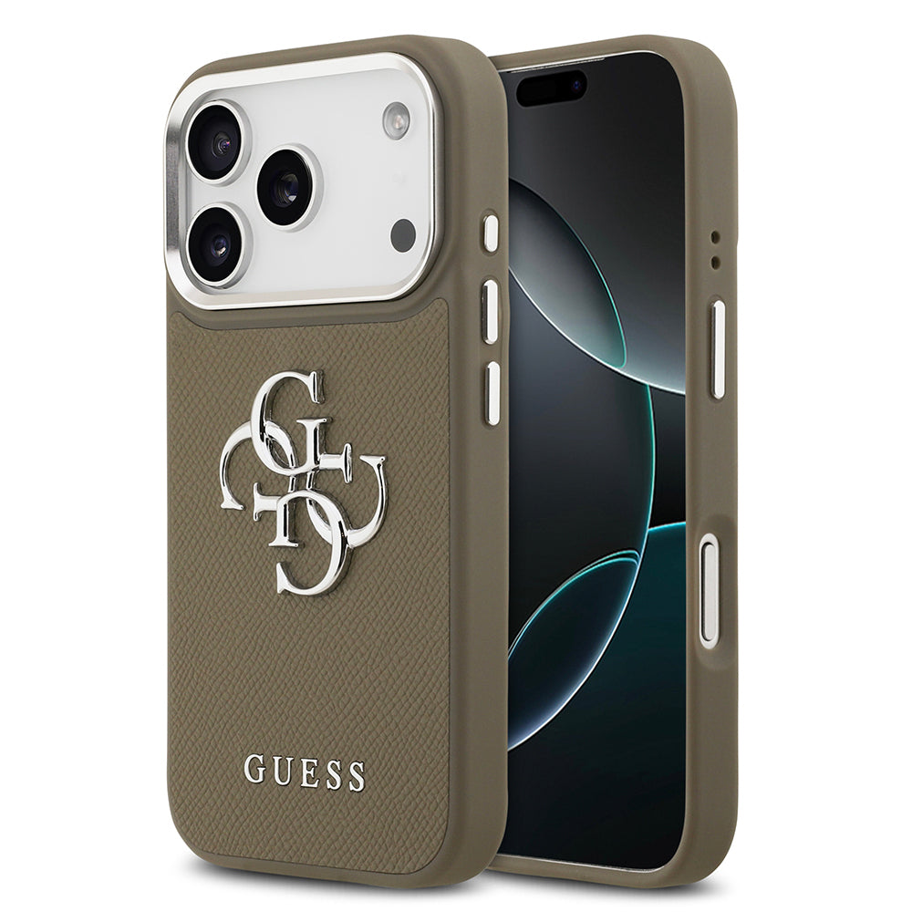 Apple iPhone 17 Pro Kılıf Guess Orjinal Lisanslı Grained 4G Metal Büyük Logolu Kapak Kahverengi