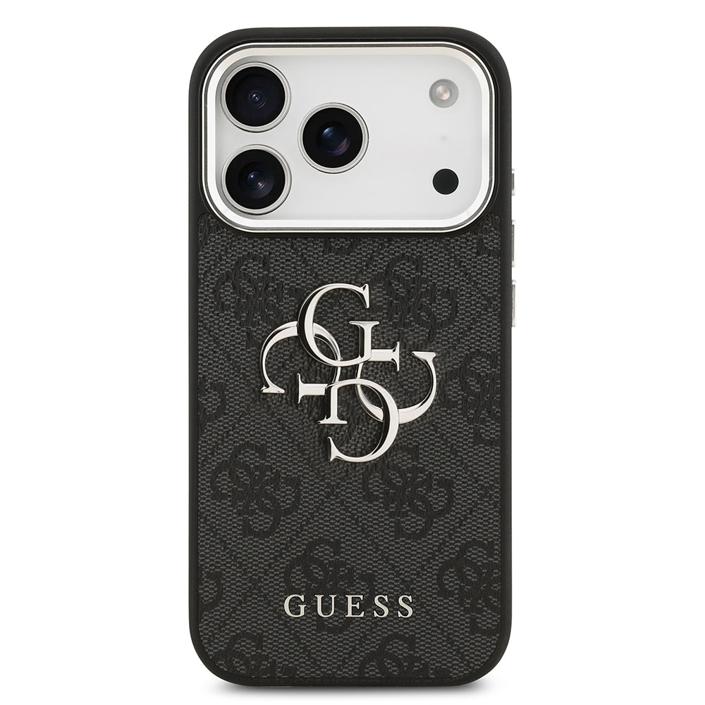 Apple iPhone 17 Pro Kılıf Guess Orjinal Lisanslı Gümüş Metal Kamera Çerçeveli 4G Desenli Metal Büyük 4G ve Yazı Logolu Kapak Siyah
