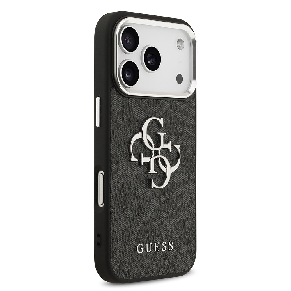 Apple iPhone 17 Pro Kılıf Guess Orjinal Lisanslı Gümüş Metal Kamera Çerçeveli 4G Desenli Metal Büyük 4G ve Yazı Logolu Kapak Siyah