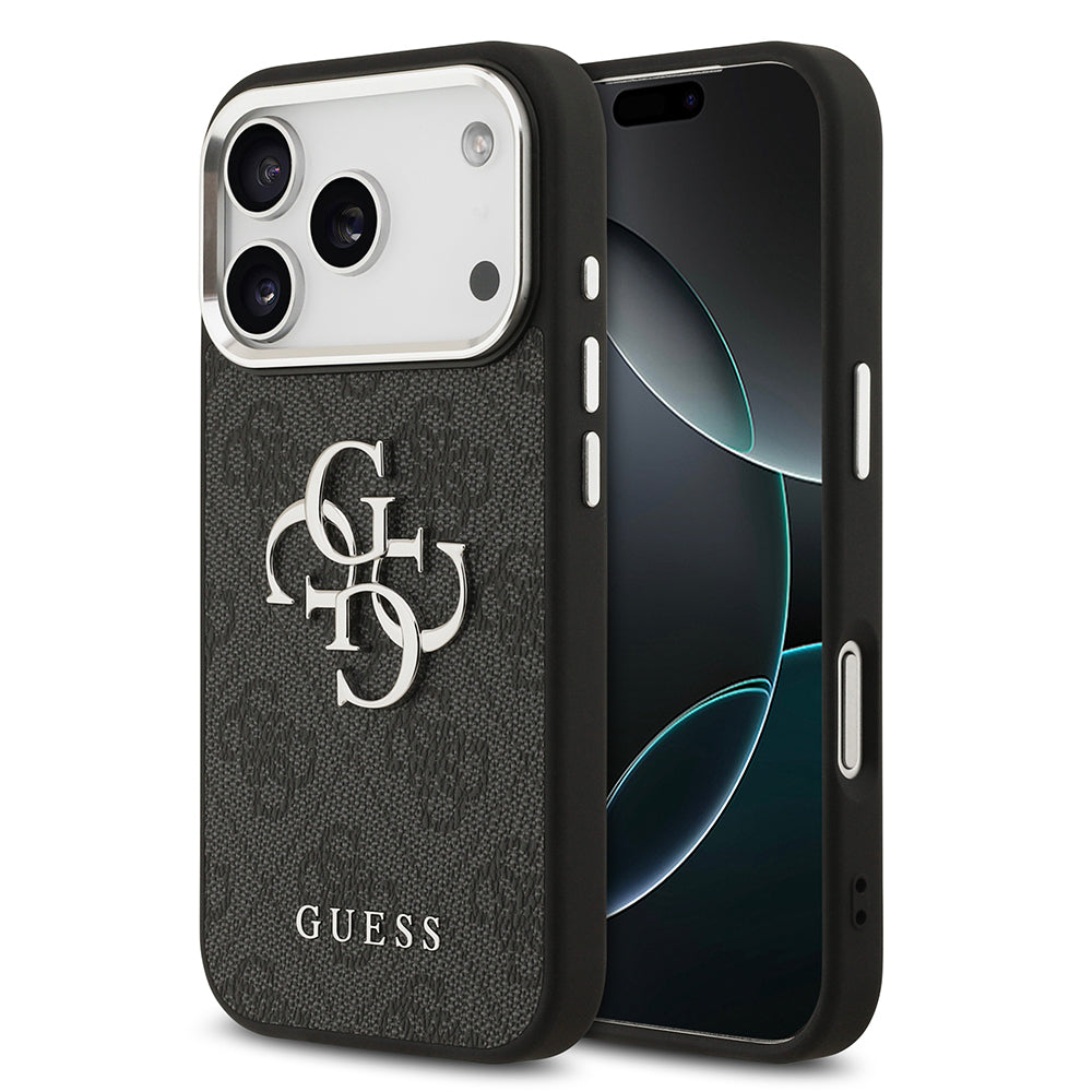 Apple iPhone 17 Pro Kılıf Guess Orjinal Lisanslı Gümüş Metal Kamera Çerçeveli 4G Desenli Metal Büyük 4G ve Yazı Logolu Kapak Siyah