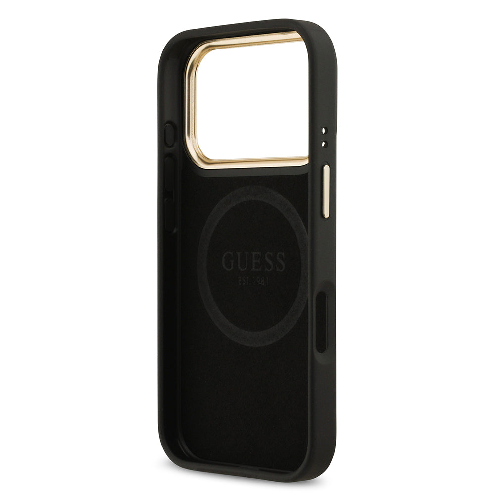 Apple iPhone 17 Pro Kılıf Guess Orjinal Lisanslı M-safe Şarj Özellikli 4G Desenli PU Metal Plaka Klasik Logolu Kapak Siyah
