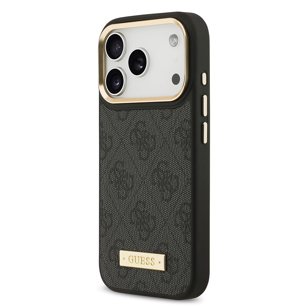 Apple iPhone 17 Pro Kılıf Guess Orjinal Lisanslı M-safe Şarj Özellikli 4G Desenli PU Metal Plaka Klasik Logolu Kapak Siyah