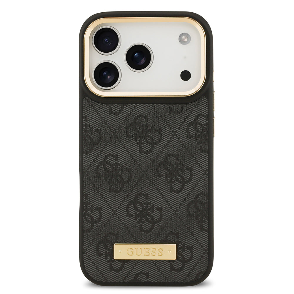 Apple iPhone 17 Pro Kılıf Guess Orjinal Lisanslı M-safe Şarj Özellikli 4G Desenli PU Metal Plaka Klasik Logolu Kapak Siyah