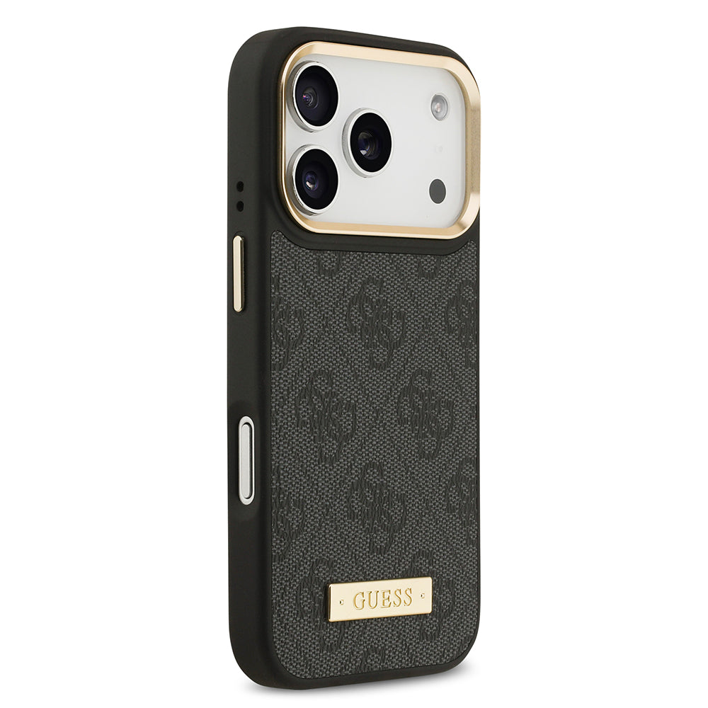 Apple iPhone 17 Pro Kılıf Guess Orjinal Lisanslı M-safe Şarj Özellikli 4G Desenli PU Metal Plaka Klasik Logolu Kapak Siyah
